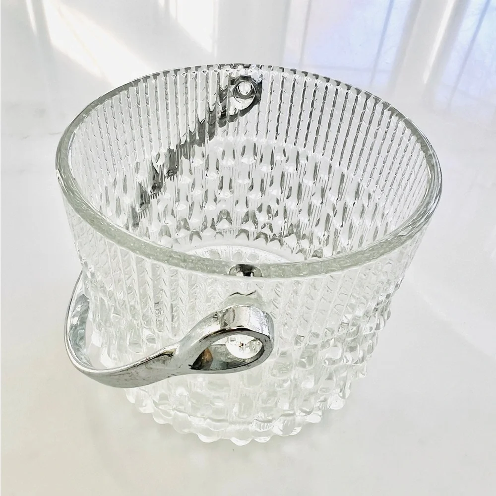 French Teleflora Mini Ice Bucket Textured Raindrop Crystal Glass with Handle 60s